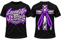 a black t - shirt with a purple cross on it