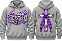 a grey hoodie with a purple cross on it