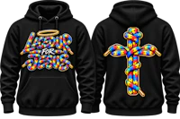 a black hoodie with a rainbow cross on it